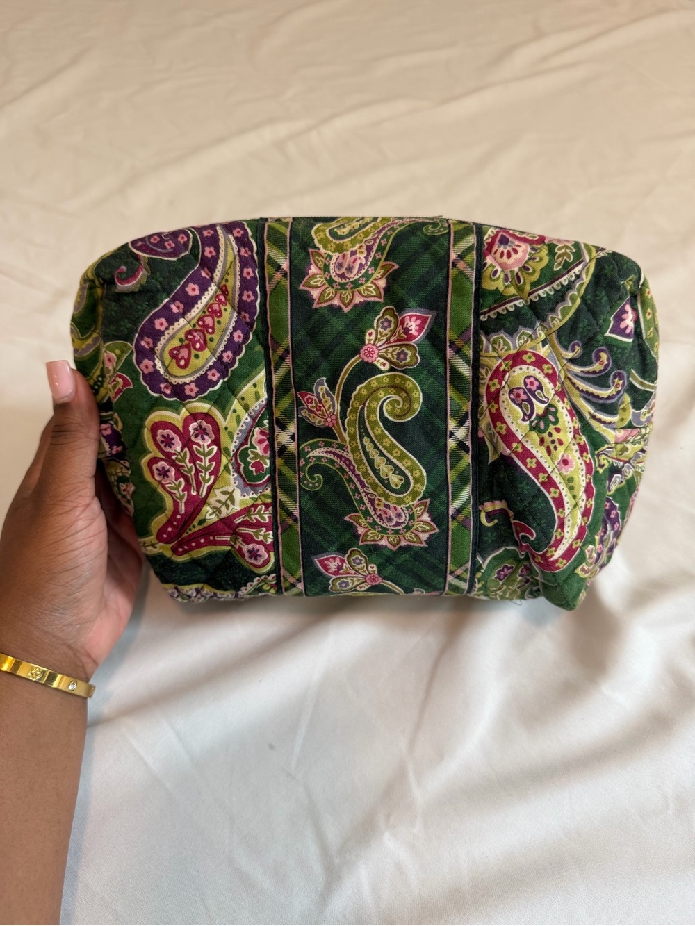 Vera Bradley Green Paisley Quilted Cosmetic Pouch with Pink Accents